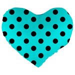 Polka Dots - Black on Aqua Cyan Large 19  Premium Flano Heart Shape Cushion