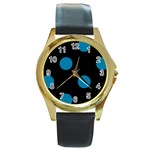 Polka Dots - Cerulean on Black Round Gold Metal Watch