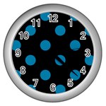 Polka Dots - Cerulean on Black Wall Clock (Silver)