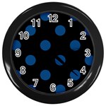 Polka Dots - Dark Cerulean on Black Wall Clock (Black)