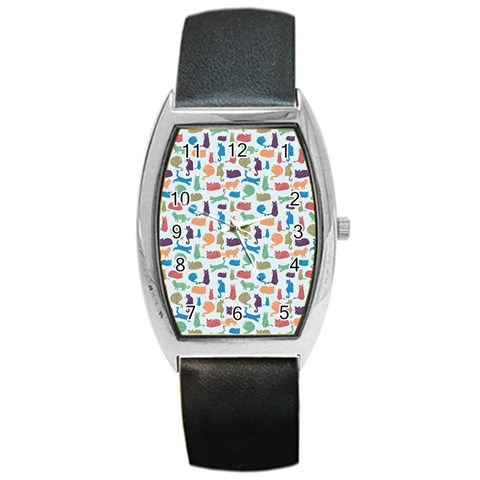 Blue Colorful Cats Silhouettes Pattern Barrel Style Metal Watch from ArtsNow.com Front