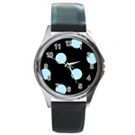 Polka Dots - Light Blue on Black Round Metal Watch