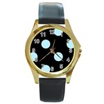 Polka Dots - Light Blue on Black Round Gold Metal Watch