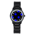 Polka Dots - Blue on Black Stainless Steel Round Watch