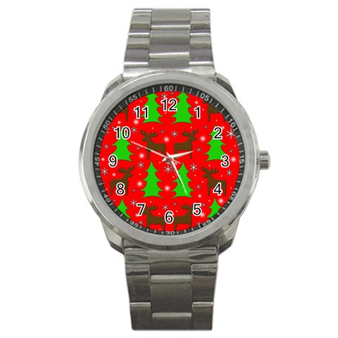 Reindeer and Xmas trees pattern Sport Metal Watch from ArtsNow.com Front