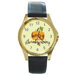 Happy Thanksgiving Pumpkin Round Gold Metal Watch