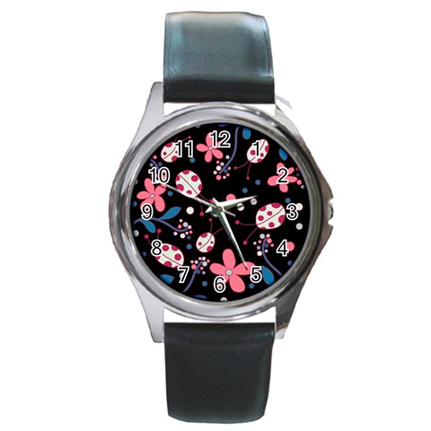 Pink ladybugs and flowers  Round Metal Watch from ArtsNow.com Front