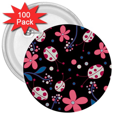 Pink ladybugs and flowers  3  Buttons (100 pack)  from ArtsNow.com Front