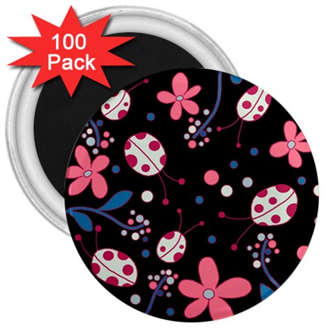 Pink ladybugs and flowers  3  Magnets (100 pack) from ArtsNow.com Front