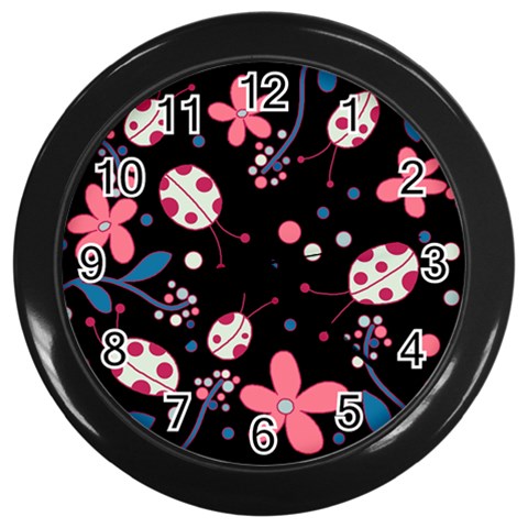 Pink ladybugs and flowers  Wall Clocks (Black) from ArtsNow.com Front