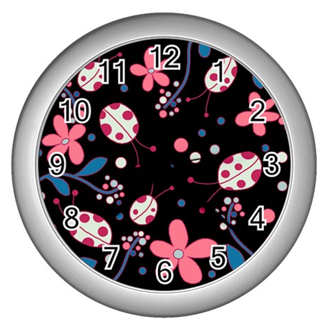 Pink ladybugs and flowers  Wall Clocks (Silver)  from ArtsNow.com Front