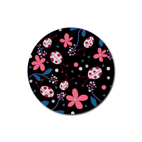 Pink ladybugs and flowers  Rubber Coaster (Round)  from ArtsNow.com Front