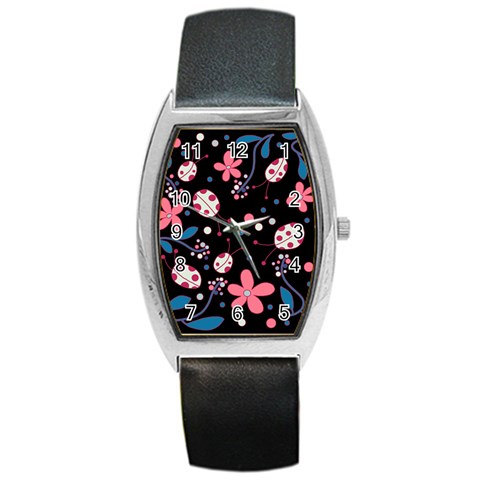 Pink ladybugs and flowers  Barrel Style Metal Watch from ArtsNow.com Front