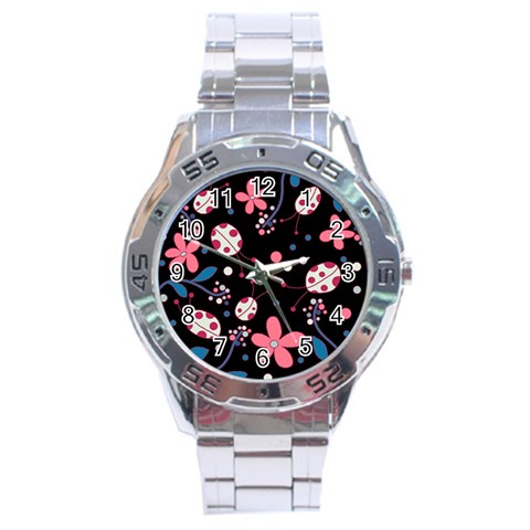 Pink ladybugs and flowers  Stainless Steel Analogue Watch from ArtsNow.com Front