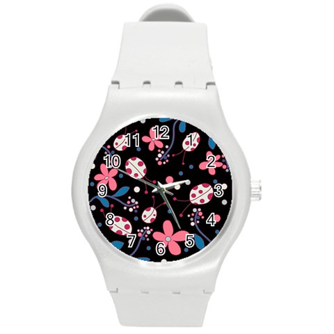 Pink ladybugs and flowers  Round Plastic Sport Watch (M) from ArtsNow.com Front