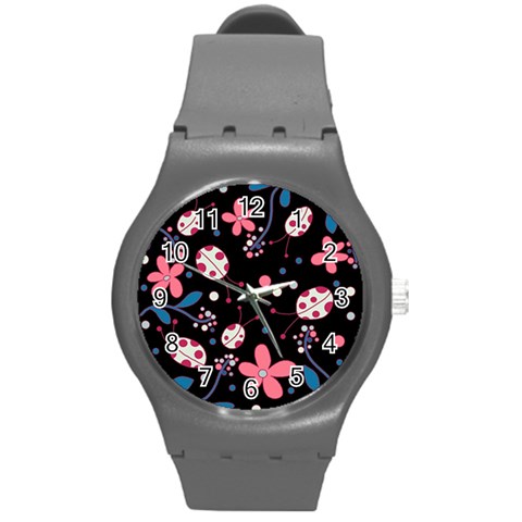 Pink ladybugs and flowers  Round Plastic Sport Watch (M) from ArtsNow.com Front