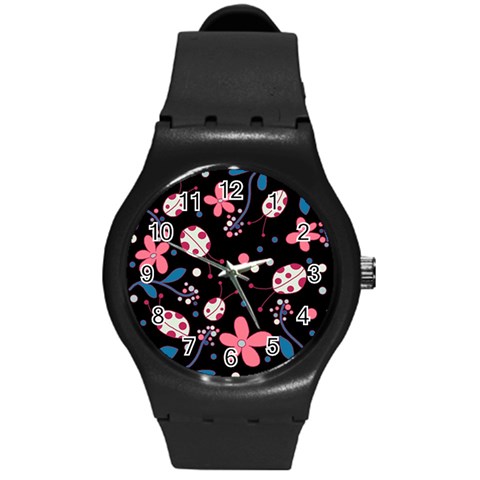 Pink ladybugs and flowers  Round Plastic Sport Watch (M) from ArtsNow.com Front