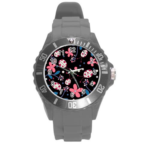 Pink ladybugs and flowers  Round Plastic Sport Watch (L) from ArtsNow.com Front