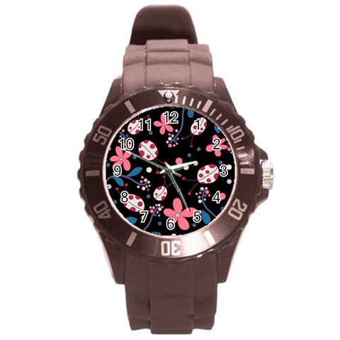 Pink ladybugs and flowers  Round Plastic Sport Watch (L) from ArtsNow.com Front