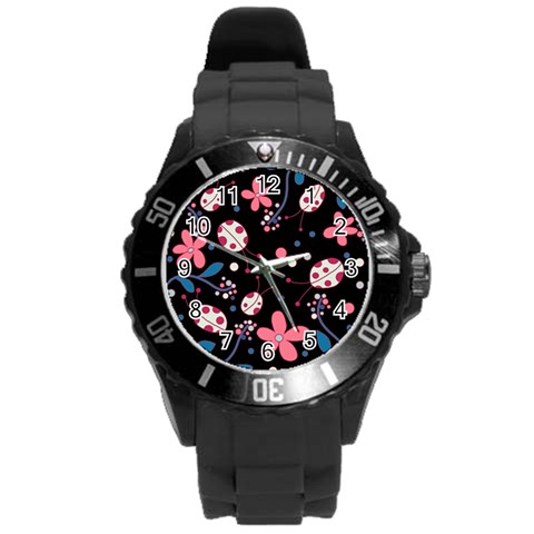 Pink ladybugs and flowers  Round Plastic Sport Watch (L) from ArtsNow.com Front