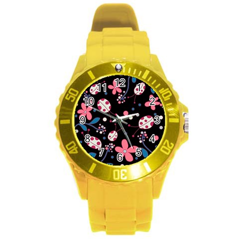 Pink ladybugs and flowers  Round Plastic Sport Watch (L) from ArtsNow.com Front