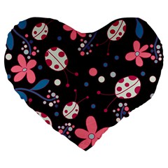 Pink ladybugs and flowers  Large 19  Premium Heart Shape Cushions from ArtsNow.com Front