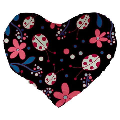 Pink ladybugs and flowers  Large 19  Premium Heart Shape Cushions from ArtsNow.com Back