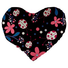 Pink ladybugs and flowers  Large 19  Premium Heart Shape Cushions from ArtsNow.com Back