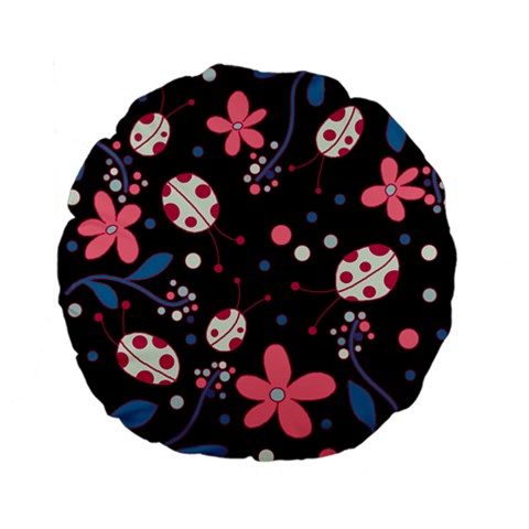 Pink ladybugs and flowers  Standard 15  Premium Flano Round Cushions from ArtsNow.com Front