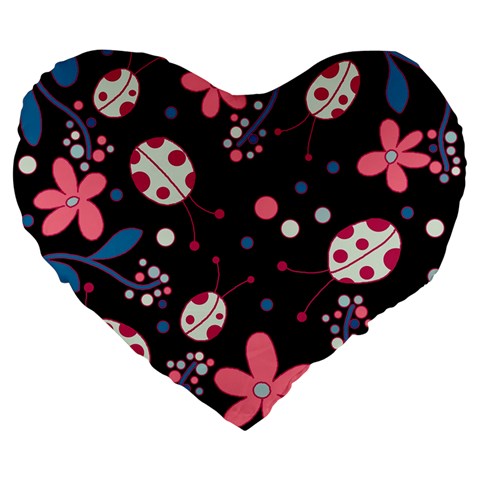 Pink ladybugs and flowers  Large 19  Premium Flano Heart Shape Cushions from ArtsNow.com Front