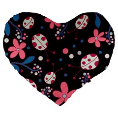 Pink ladybugs and flowers  Large 19  Premium Flano Heart Shape Cushions from ArtsNow.com Front