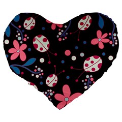 Pink ladybugs and flowers  Large 19  Premium Flano Heart Shape Cushions from ArtsNow.com Back