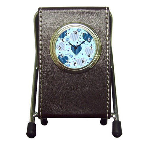 Light and Dark Blue Hearts Pen Holder Desk Clocks from ArtsNow.com Front