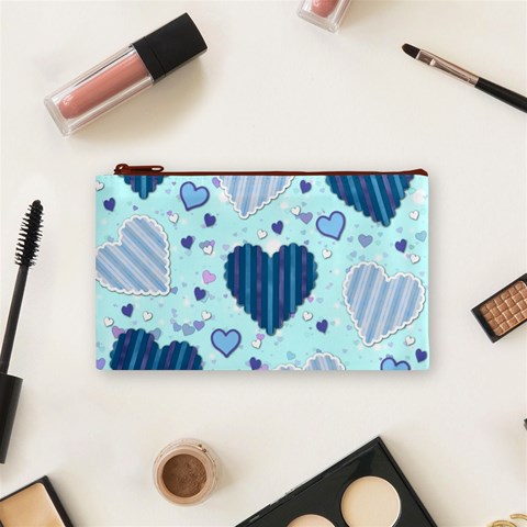 Light and Dark Blue Hearts Cosmetic Bag (Small)  from ArtsNow.com Front