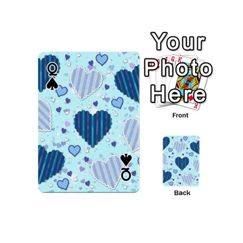 Queen Light and Dark Blue Hearts Playing Cards 54 (Mini)  from ArtsNow.com Front - SpadeQ