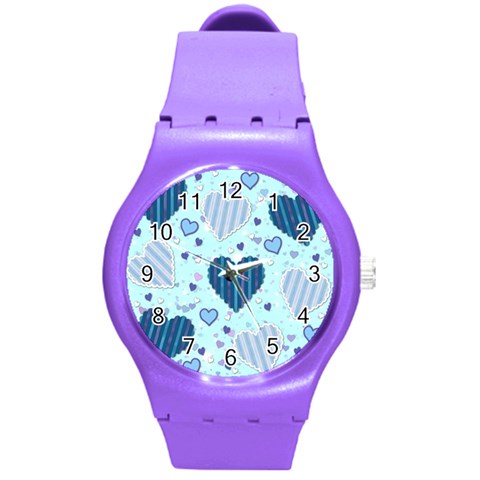 Light and Dark Blue Hearts Round Plastic Sport Watch (M) from ArtsNow.com Front