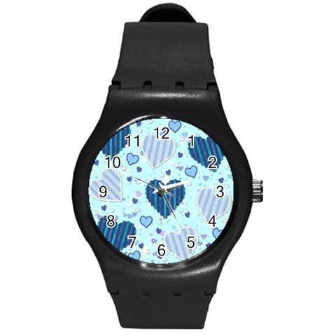 Light and Dark Blue Hearts Round Plastic Sport Watch (M) from ArtsNow.com Front