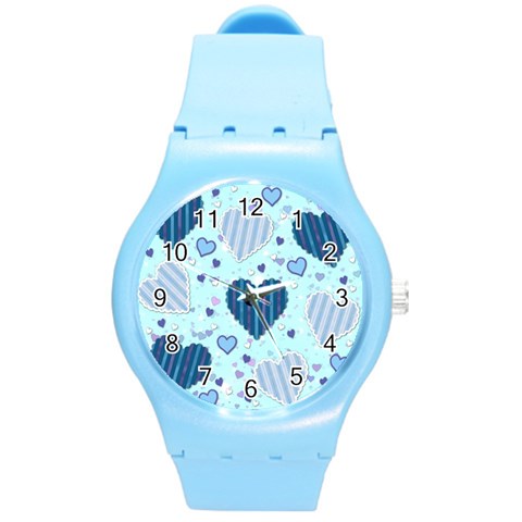 Light and Dark Blue Hearts Round Plastic Sport Watch (M) from ArtsNow.com Front