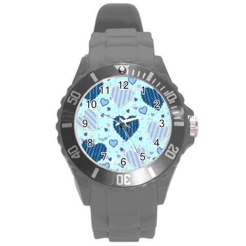 Light and Dark Blue Hearts Round Plastic Sport Watch (L) from ArtsNow.com Front