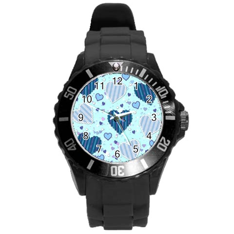 Light and Dark Blue Hearts Round Plastic Sport Watch (L) from ArtsNow.com Front