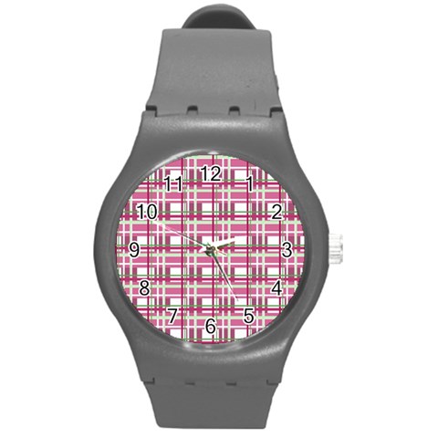 Pink plaid pattern Round Plastic Sport Watch (M) from ArtsNow.com Front