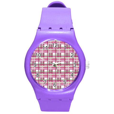 Pink plaid pattern Round Plastic Sport Watch (M) from ArtsNow.com Front