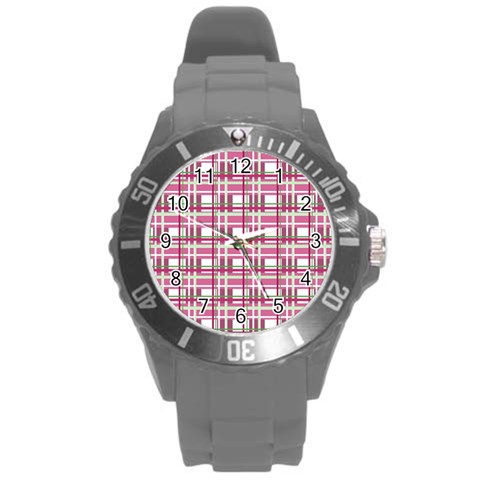 Pink plaid pattern Round Plastic Sport Watch (L) from ArtsNow.com Front