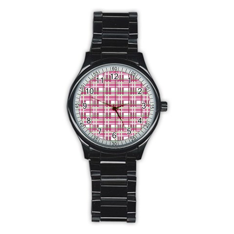 Pink plaid pattern Stainless Steel Round Watch from ArtsNow.com Front