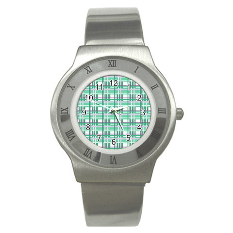 Green plaid pattern Stainless Steel Watch from ArtsNow.com Front