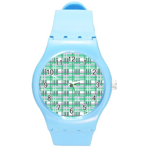 Green plaid pattern Round Plastic Sport Watch (M) from ArtsNow.com Front