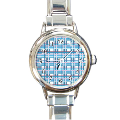 Blue plaid pattern Round Italian Charm Watch from ArtsNow.com Front