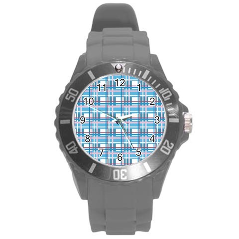 Blue plaid pattern Round Plastic Sport Watch (L) from ArtsNow.com Front