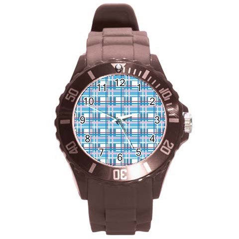 Blue plaid pattern Round Plastic Sport Watch (L) from ArtsNow.com Front