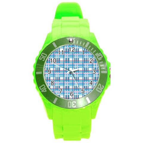 Blue plaid pattern Round Plastic Sport Watch (L) from ArtsNow.com Front